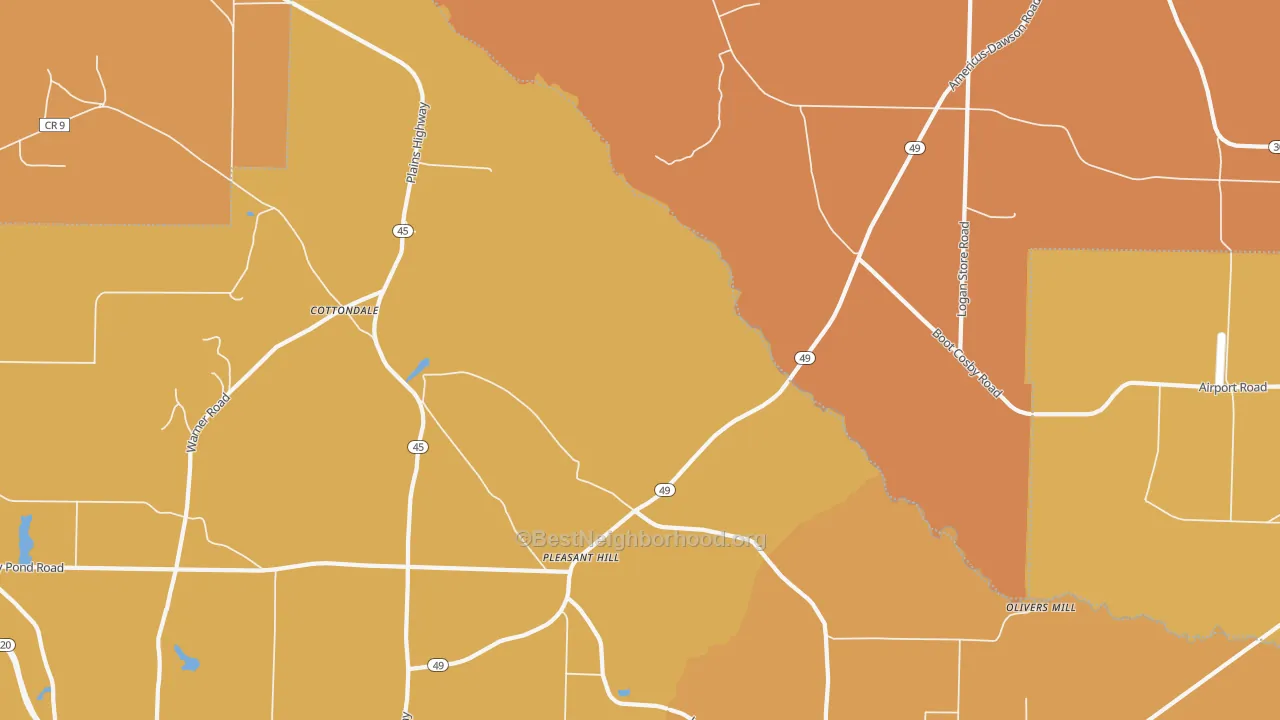Map of the best neighborhoods in the Pleasant Hill area, with better matches in green and worse matches in red