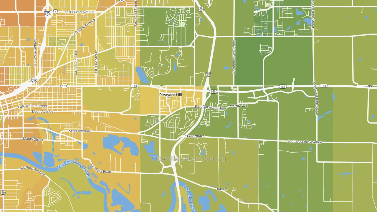 Map of the best neighborhoods in the Pleasant Hill area, with better matches in green and worse matches in red