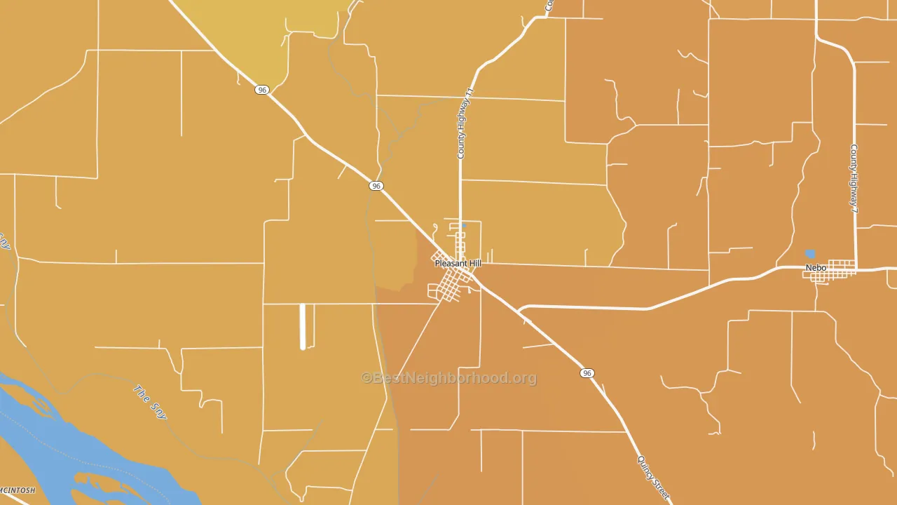 Map of the best neighborhoods in the Pleasant Hill area, with better matches in green and worse matches in red