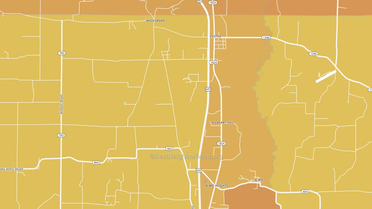 Map of the best neighborhoods in the Pleasant Hill area, with better matches in green and worse matches in red