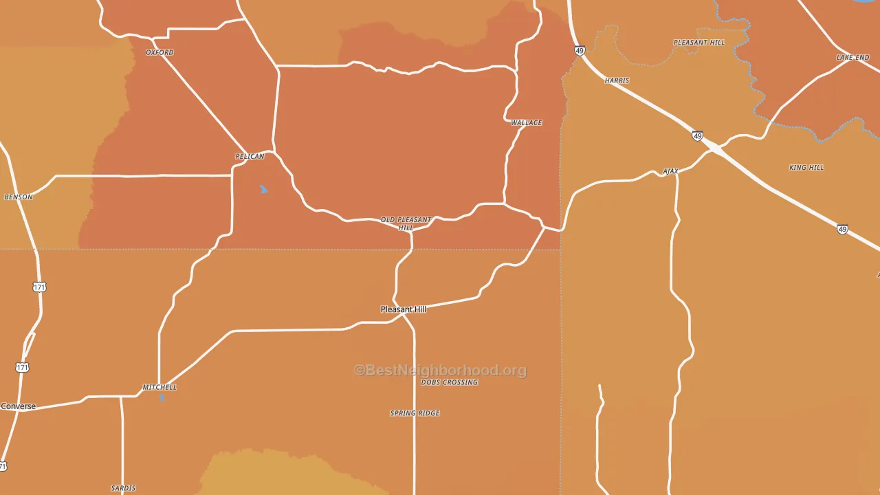 Map of the best neighborhoods in the Pleasant Hill area, with better matches in green and worse matches in red