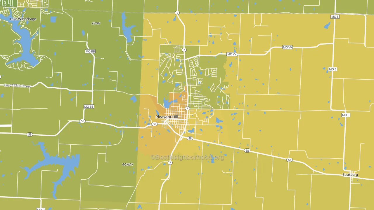 Map of the best neighborhoods in the Pleasant Hill area, with better matches in green and worse matches in red