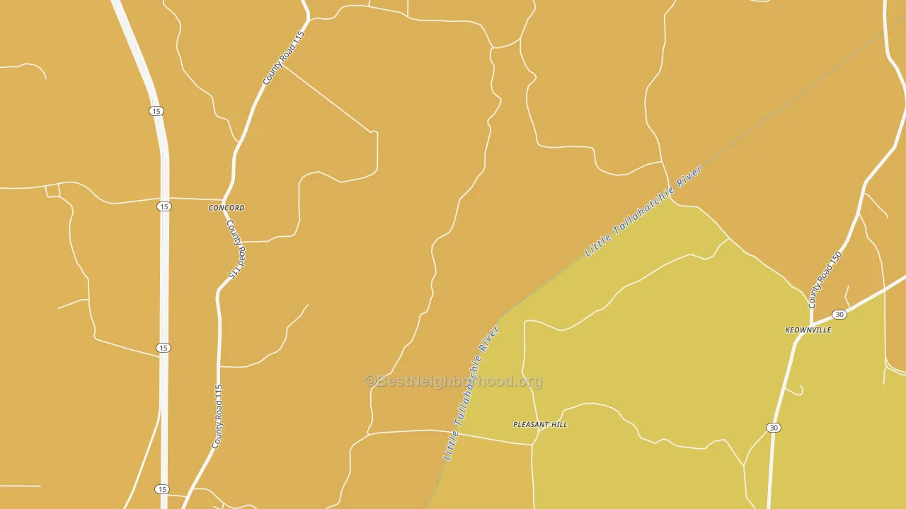 Map of the best neighborhoods in the Pleasant Hill area, with better matches in green and worse matches in red