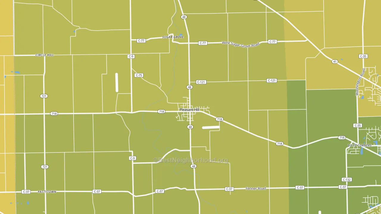 Map of the best neighborhoods in the Pleasant Hill area, with better matches in green and worse matches in red