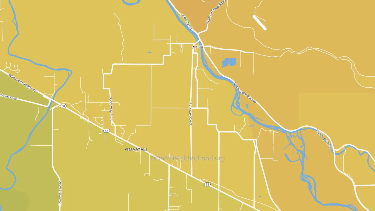 Map of the best neighborhoods in the Pleasant Hill area, with better matches in green and worse matches in red