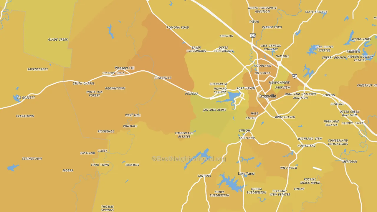 Map of the best neighborhoods in the Pleasant Hill area, with better matches in green and worse matches in red