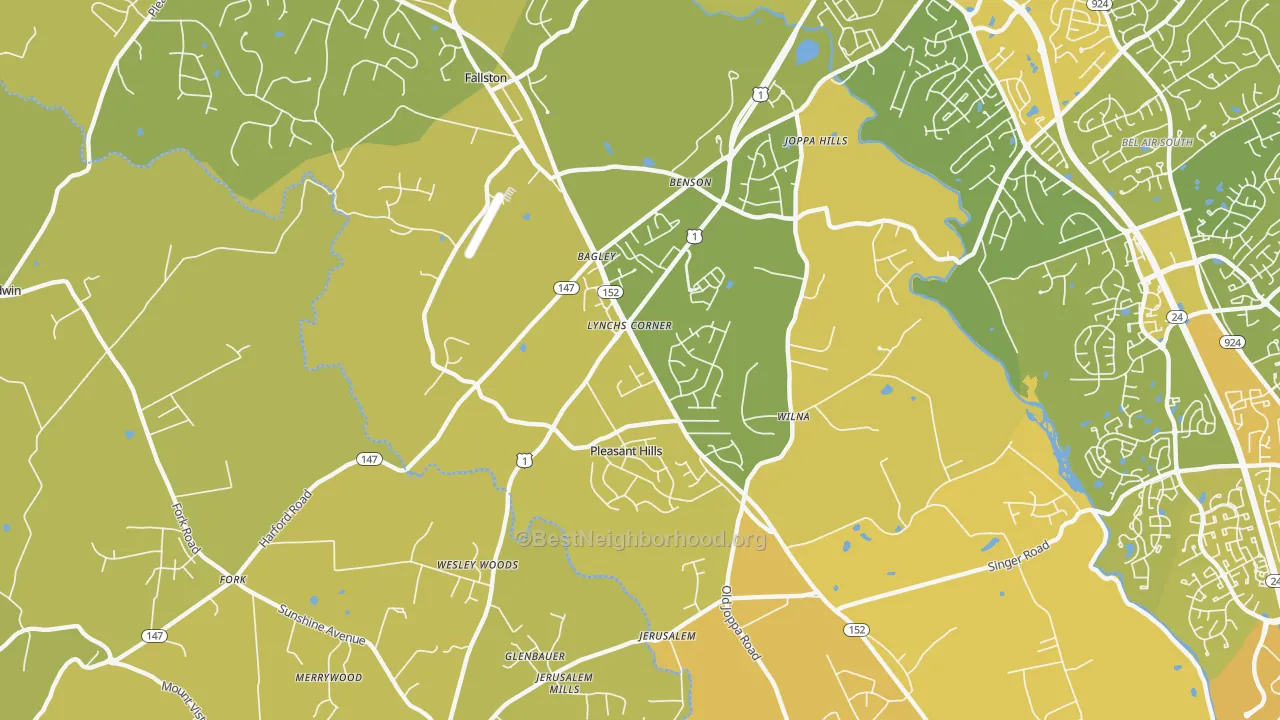 Map of the best neighborhoods in the Pleasant Hills area, with better matches in green and worse matches in red