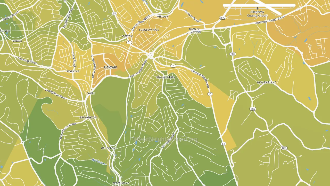 Map of the best neighborhoods in the Pleasant Hills area, with better matches in green and worse matches in red