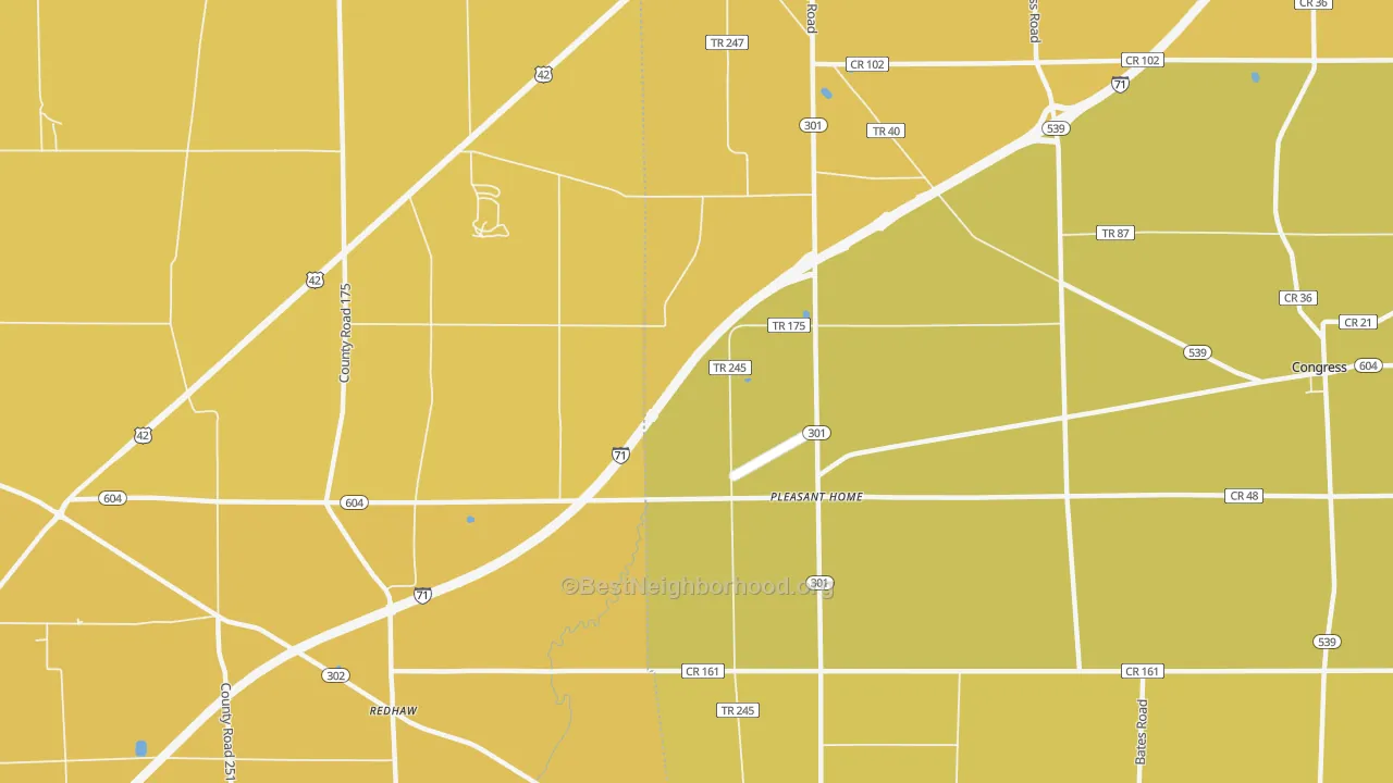 Map of the best neighborhoods in the Pleasant Home area, with better matches in green and worse matches in red