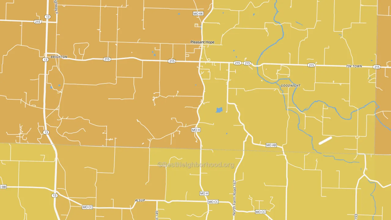 Map of the best neighborhoods in the Pleasant Hope area, with better matches in green and worse matches in red
