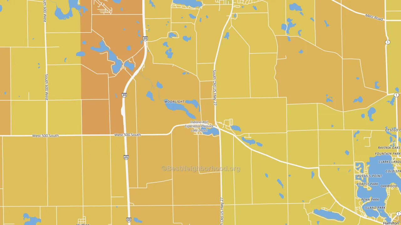 Map of the best neighborhoods in the Pleasant Lake area, with better matches in green and worse matches in red