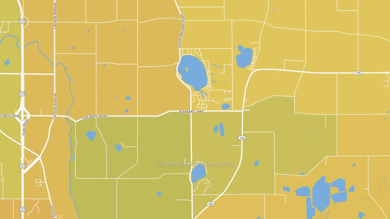 Map of the best neighborhoods in the Pleasant Lake area, with better matches in green and worse matches in red