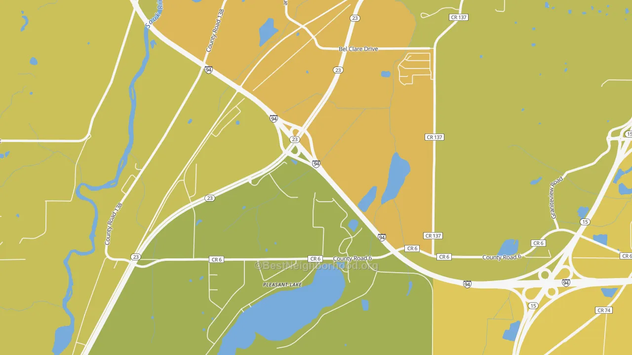 Map of the best neighborhoods in the Pleasant Lake area, with better matches in green and worse matches in red