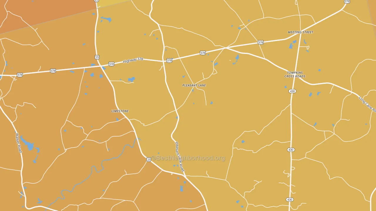 Map of the best neighborhoods in the Pleasant Lane area, with better matches in green and worse matches in red