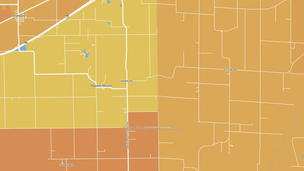 Map of the best neighborhoods in the Pleasant Mound area, with better matches in green and worse matches in red