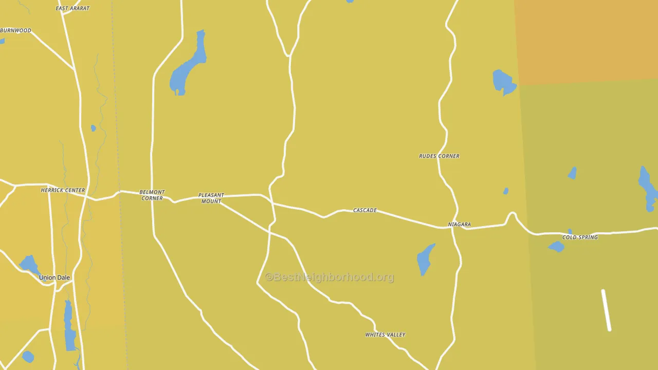 Map of the best neighborhoods in the Pleasant Mount area, with better matches in green and worse matches in red