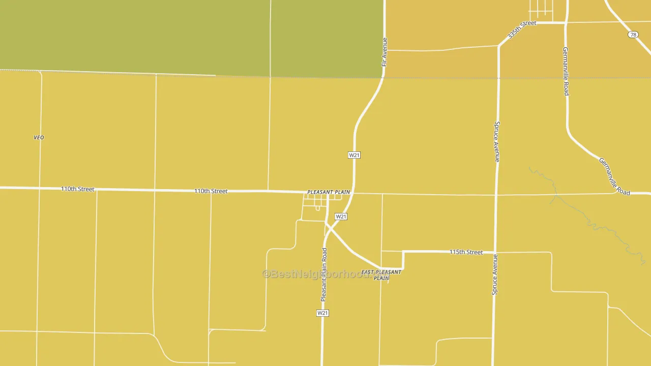 Map of the best neighborhoods in the Pleasant Plain area, with better matches in green and worse matches in red
