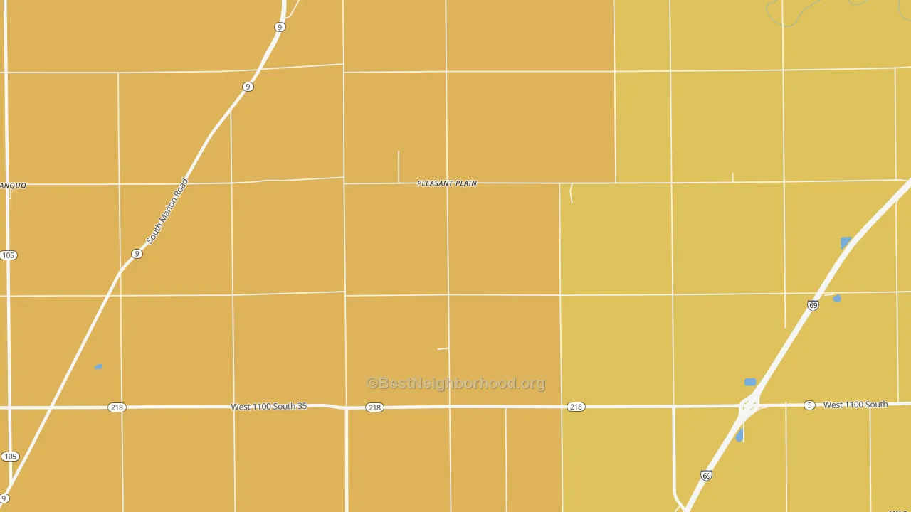 Map of the best neighborhoods in the Pleasant Plain area, with better matches in green and worse matches in red