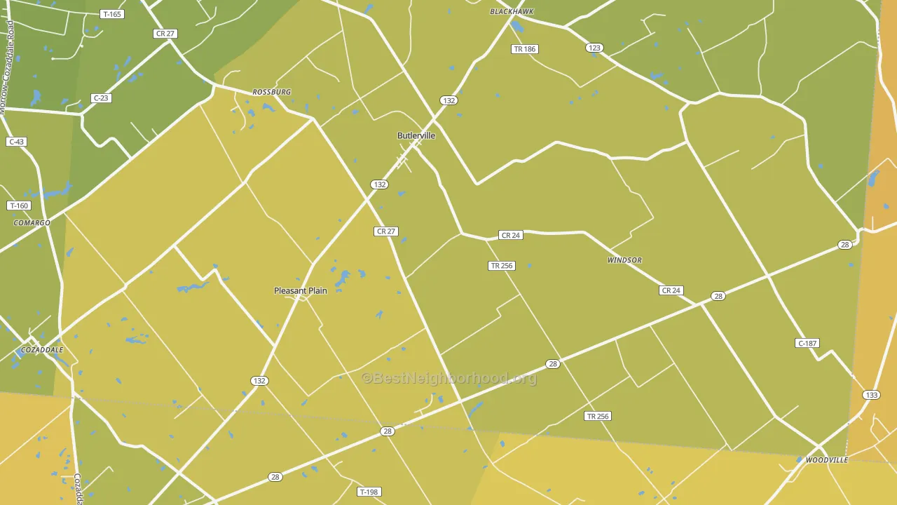 Map of the best neighborhoods in the Pleasant Plain area, with better matches in green and worse matches in red