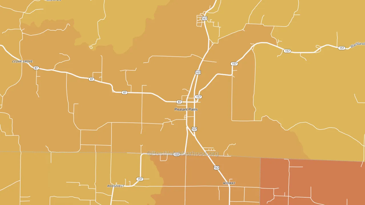 Map of the best neighborhoods in the Pleasant Plains area, with better matches in green and worse matches in red