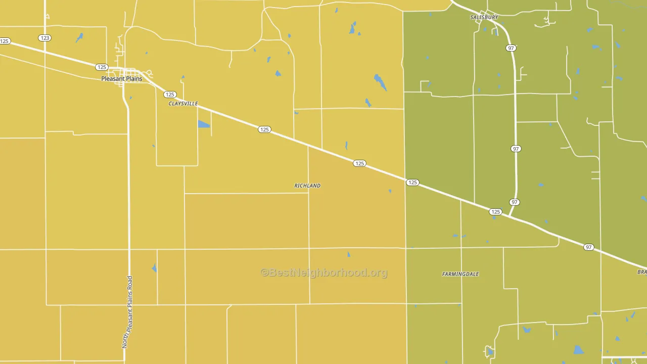 Map of the best neighborhoods in the Pleasant Plains area, with better matches in green and worse matches in red