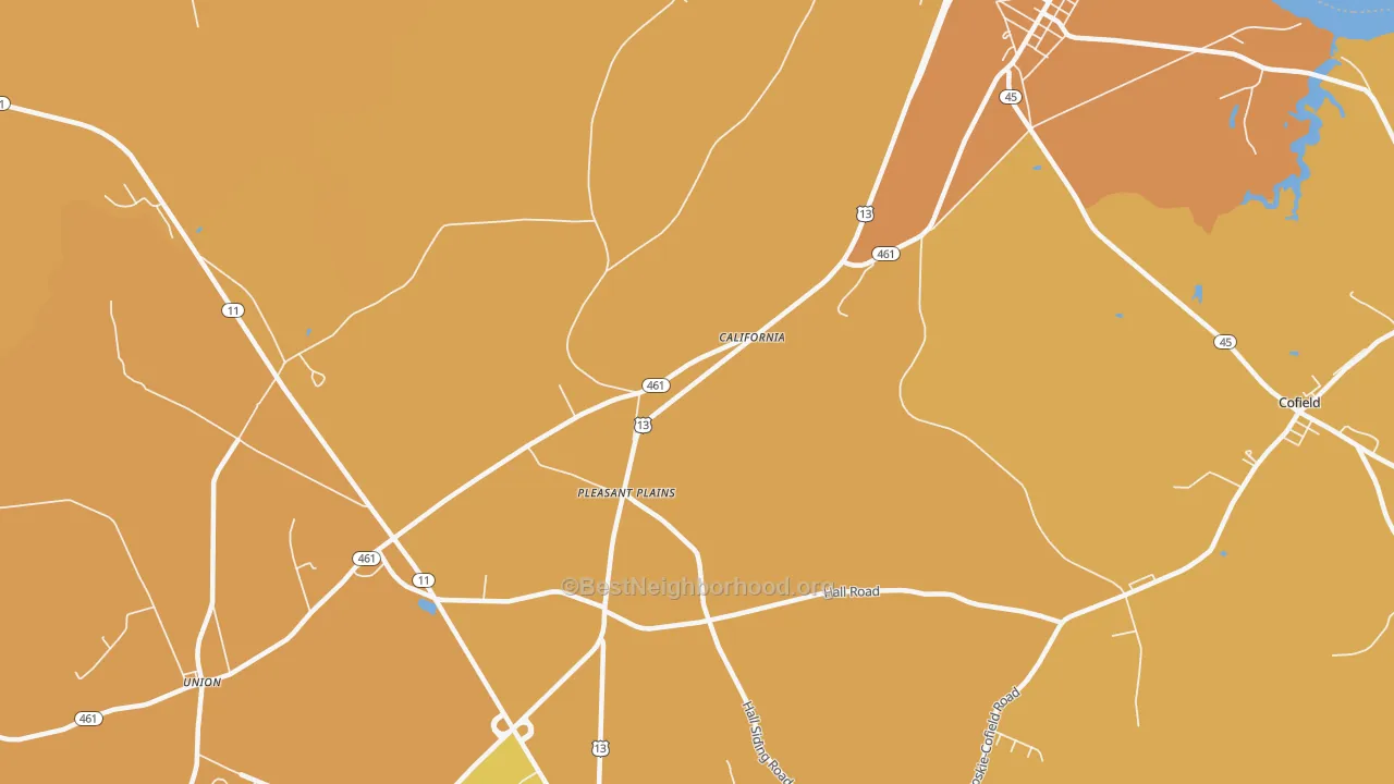Map of the best neighborhoods in the Pleasant Plains area, with better matches in green and worse matches in red