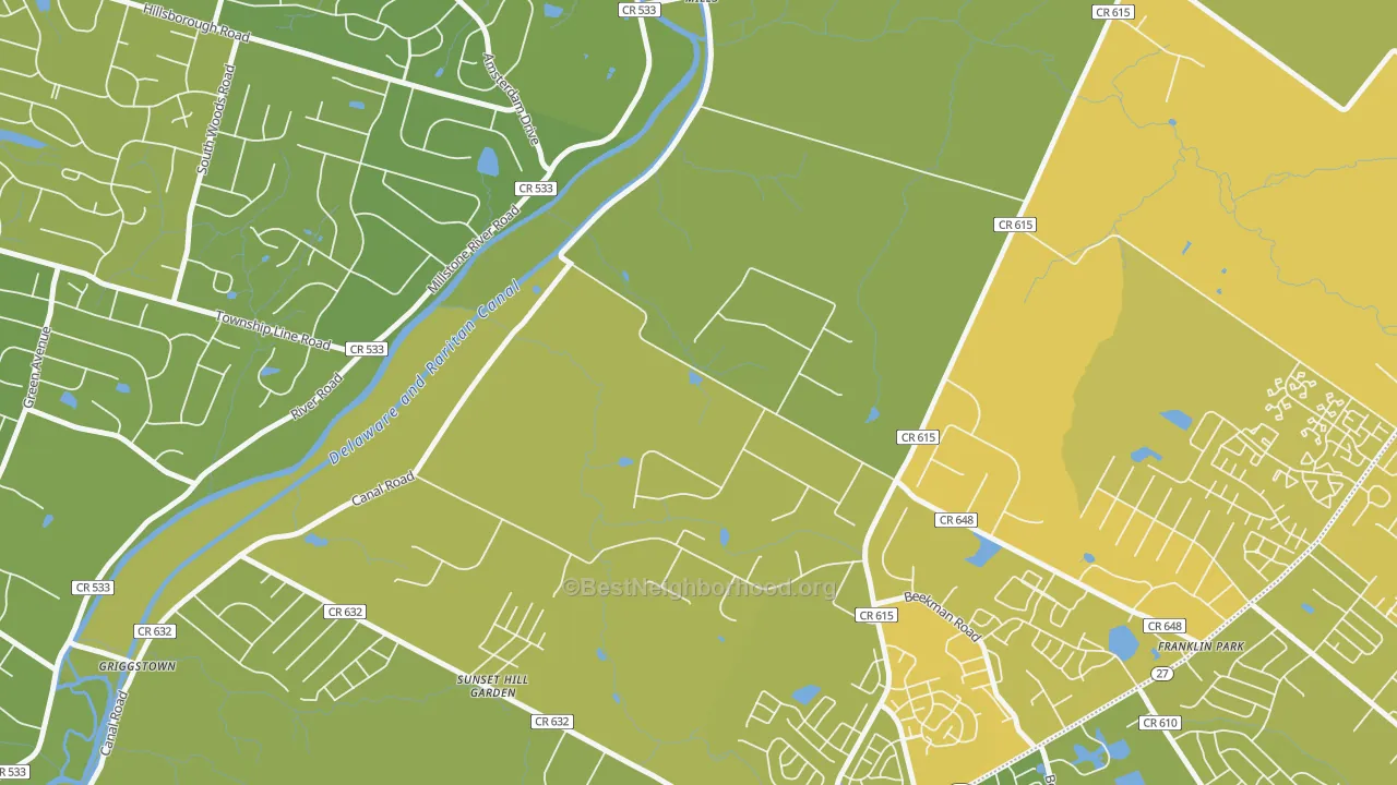 Map of the best neighborhoods in the Pleasant Plains area, with better matches in green and worse matches in red