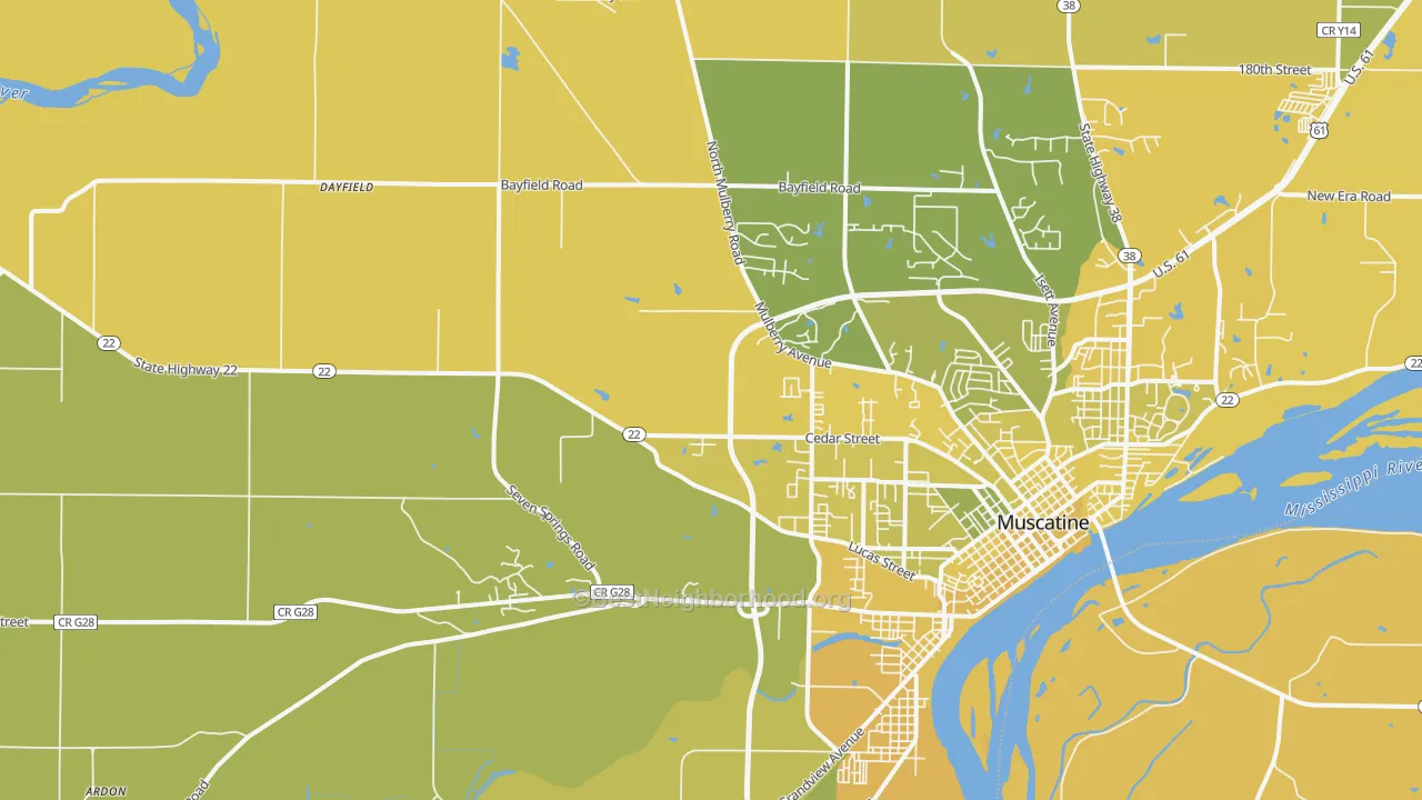 Map of the best neighborhoods in the Pleasant Prairie area, with better matches in green and worse matches in red