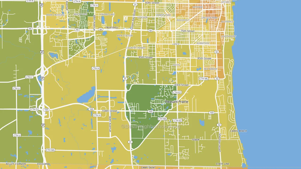 Map of the best neighborhoods in the Pleasant Prairie area, with better matches in green and worse matches in red