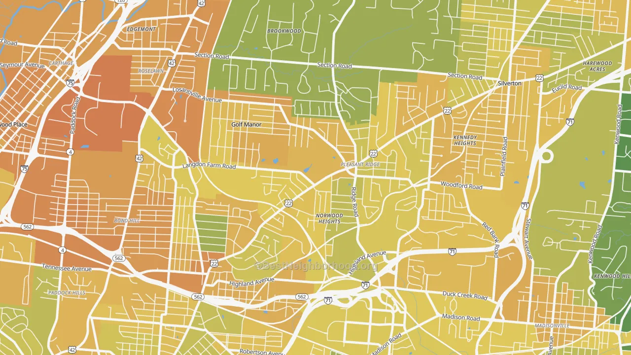 Map of the best neighborhoods in the Pleasant Ridge, Cincinnati area, with better matches in green and worse matches in red