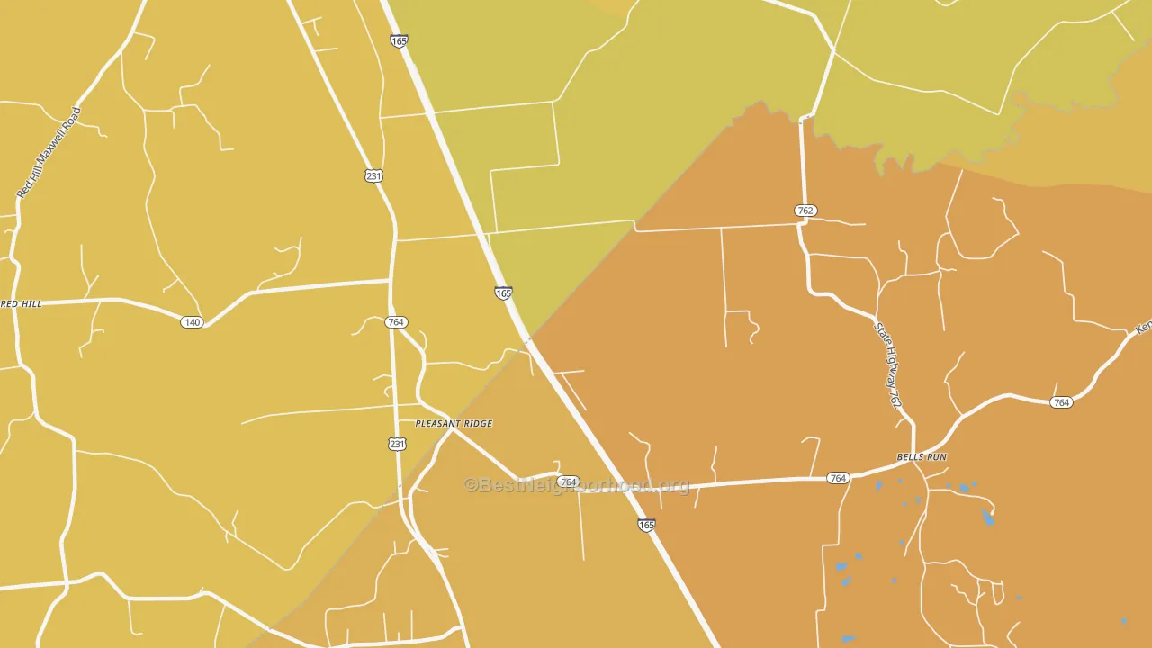 Map of the best neighborhoods in the Pleasant Ridge area, with better matches in green and worse matches in red