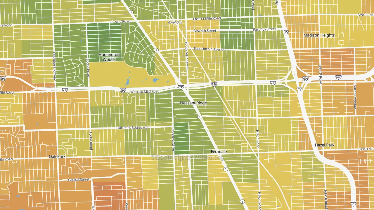 Map of the best neighborhoods in the Pleasant Ridge area, with better matches in green and worse matches in red