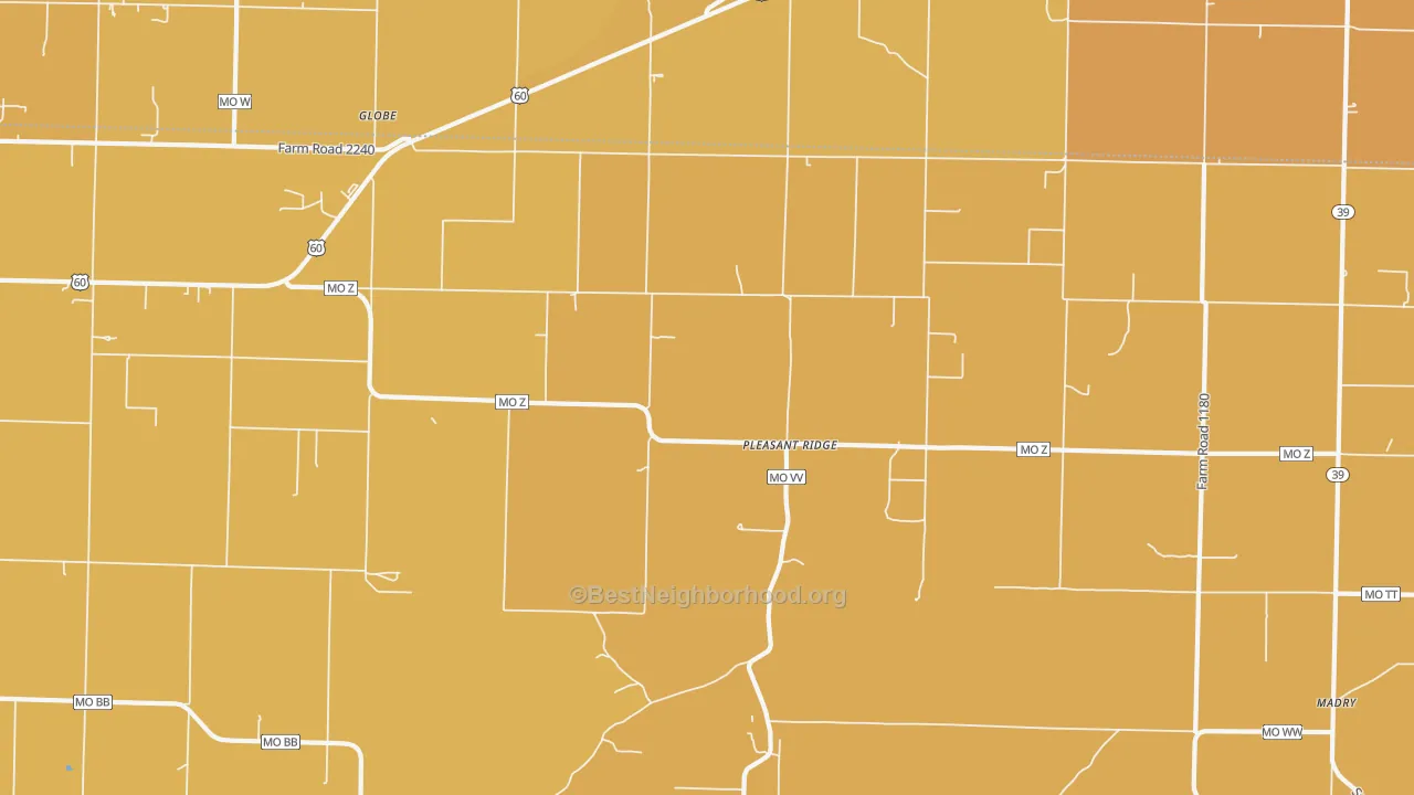 Map of the best neighborhoods in the Pleasant Ridge area, with better matches in green and worse matches in red