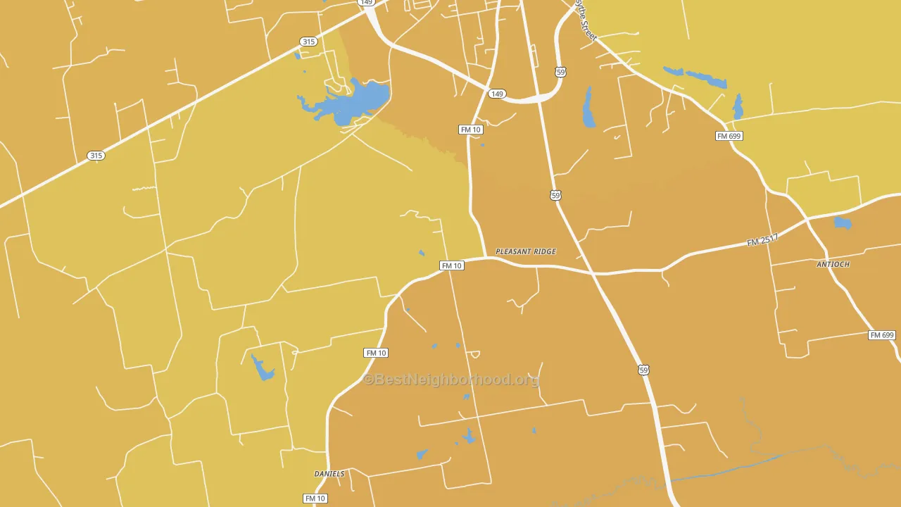 Map of the best neighborhoods in the Pleasant Ridge area, with better matches in green and worse matches in red