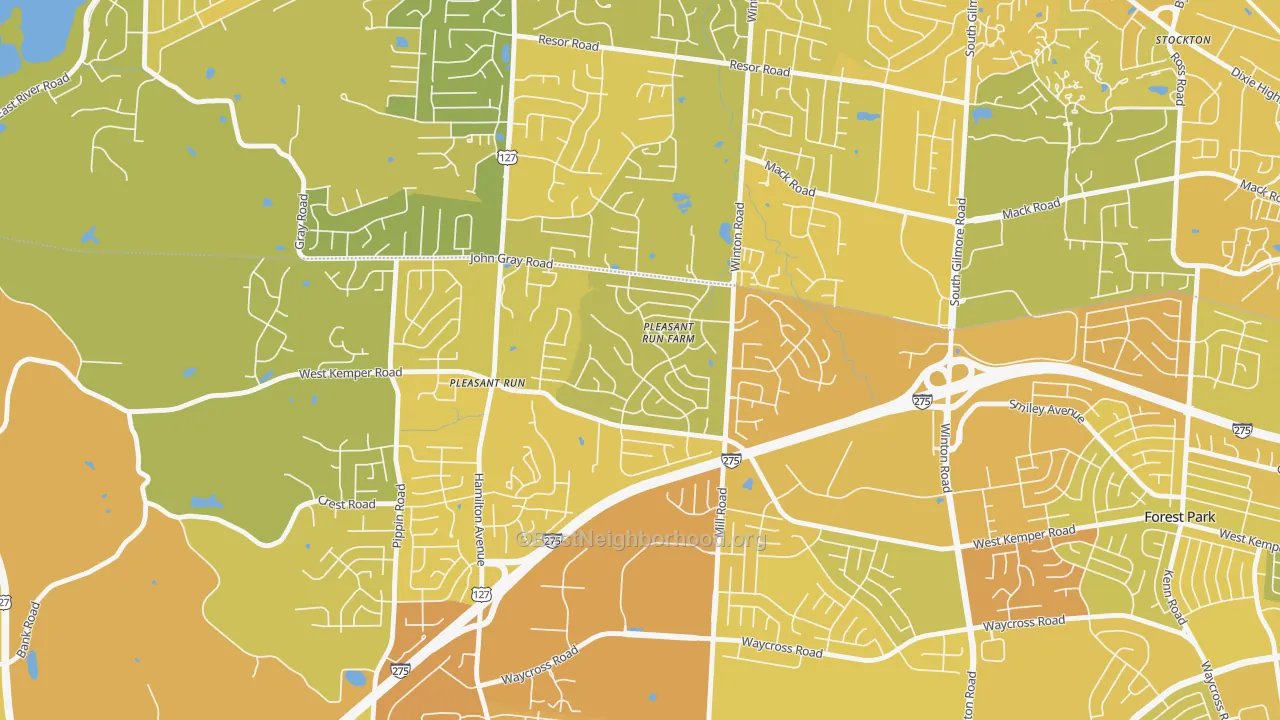 Map of the best neighborhoods in the Pleasant Run Farm, Cincinnati area, with better matches in green and worse matches in red