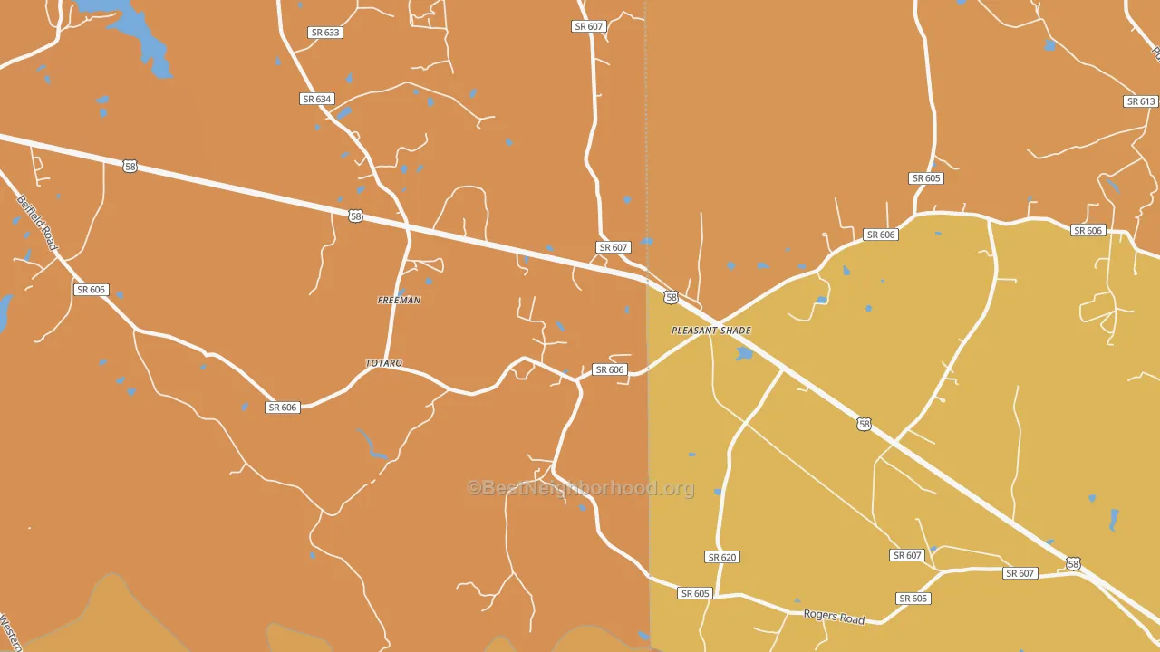 Map of the best neighborhoods in the Pleasant Shade area, with better matches in green and worse matches in red