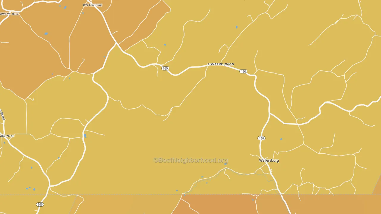 Map of the best neighborhoods in the Pleasant Union area, with better matches in green and worse matches in red