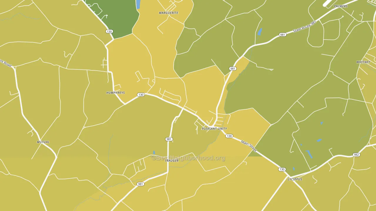 Map of the best neighborhoods in the Pleasant Unity area, with better matches in green and worse matches in red