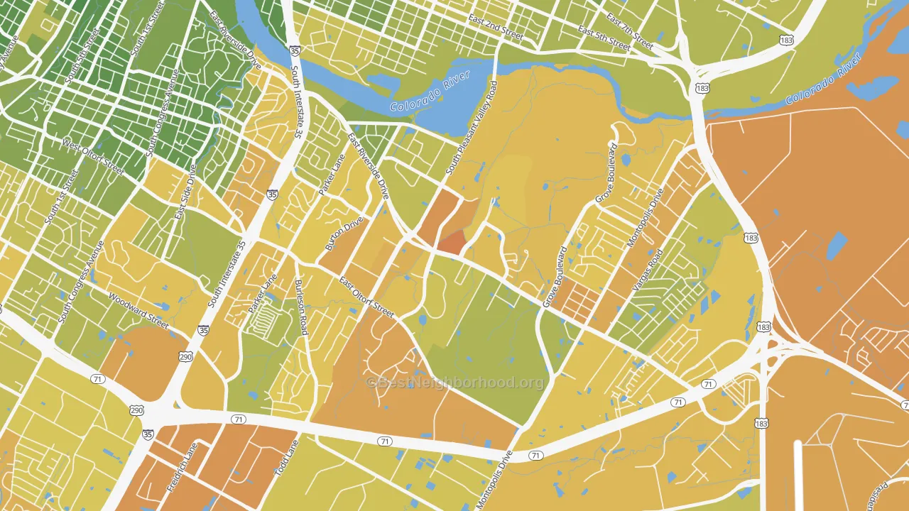Map of the best neighborhoods in the Pleasant Valley, Austin area, with better matches in green and worse matches in red
