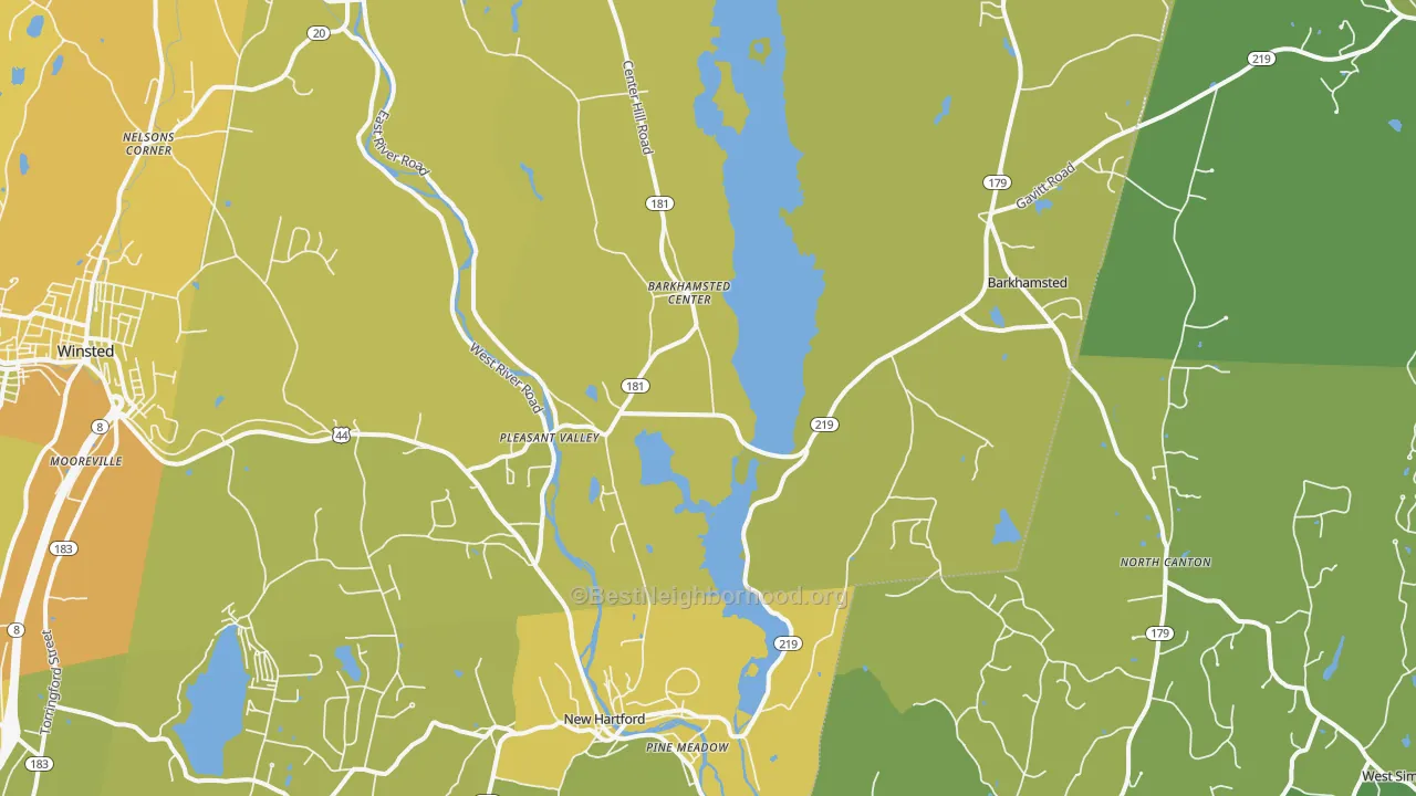 Map of the best neighborhoods in the Pleasant Valley area, with better matches in green and worse matches in red