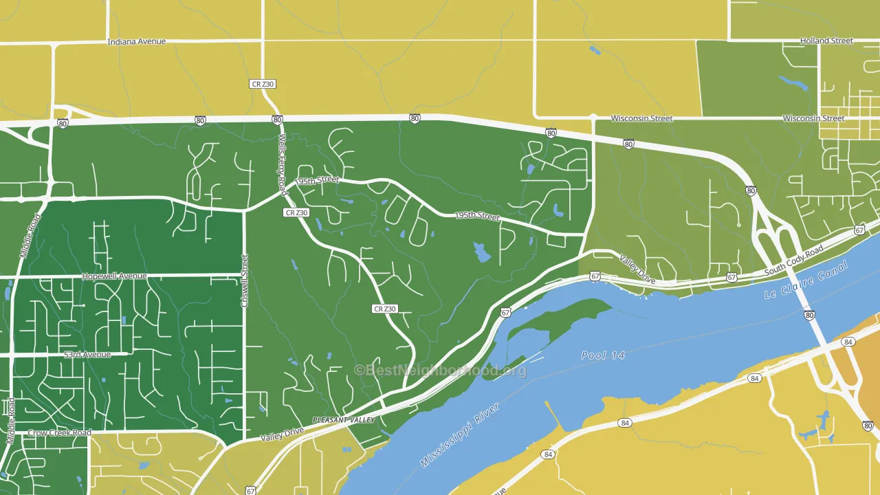Map of the best neighborhoods in the Pleasant Valley area, with better matches in green and worse matches in red