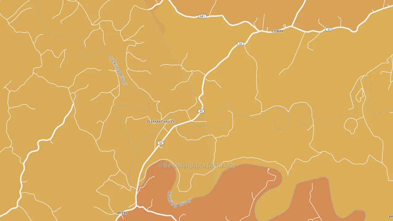 Map of the best neighborhoods in the Pleasant Valley area, with better matches in green and worse matches in red