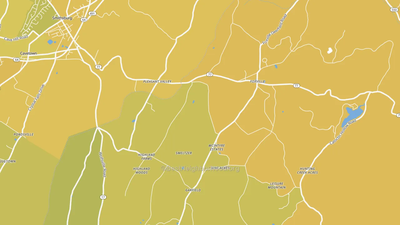 Map of the best neighborhoods in the Pleasant Valley area, with better matches in green and worse matches in red