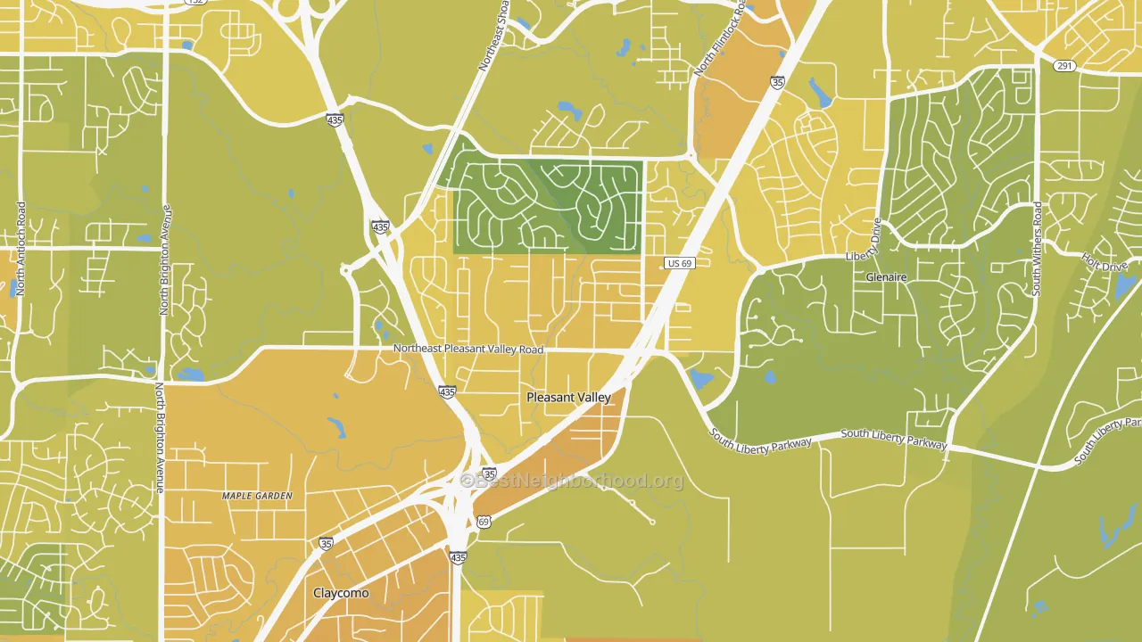 Map of the best neighborhoods in the Pleasant Valley area, with better matches in green and worse matches in red