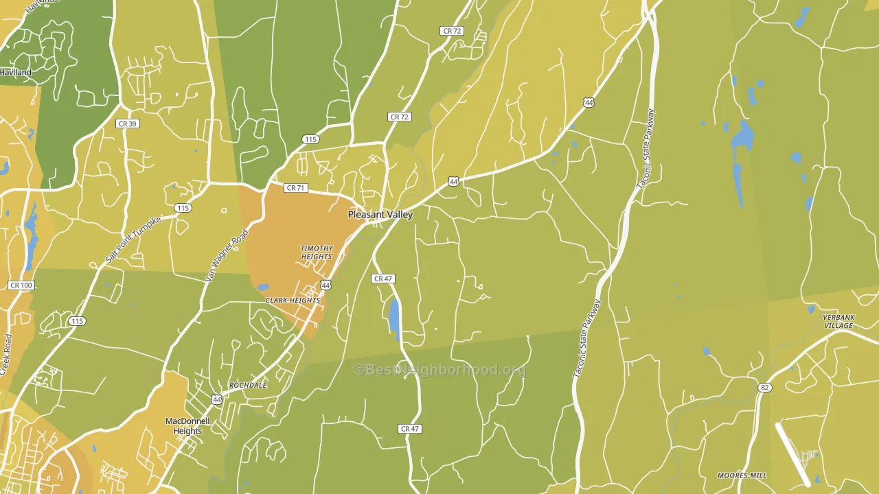 Map of the best neighborhoods in the Pleasant Valley area, with better matches in green and worse matches in red