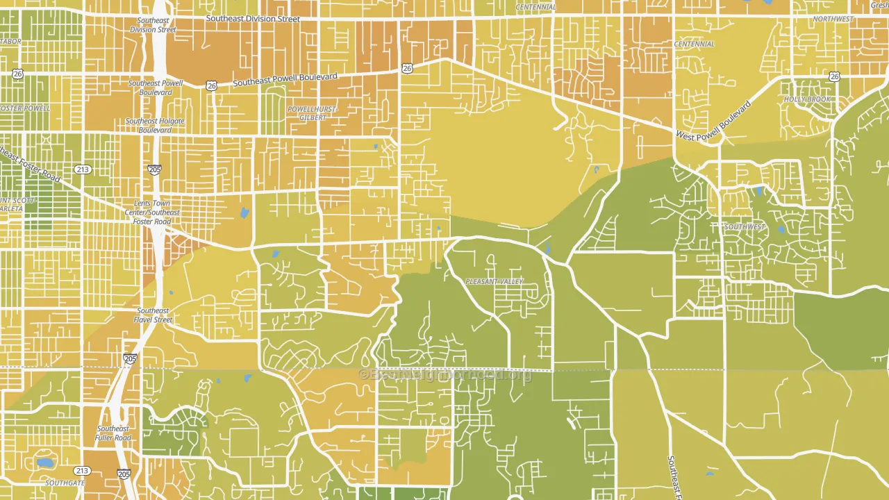Map of the best neighborhoods in the Pleasant Valley, Portland area, with better matches in green and worse matches in red