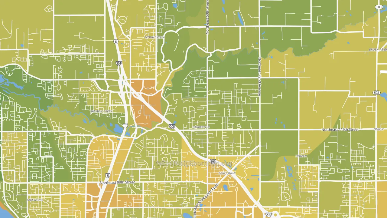 Map of the best neighborhoods in the Pleasant Valley, Vancouver area, with better matches in green and worse matches in red