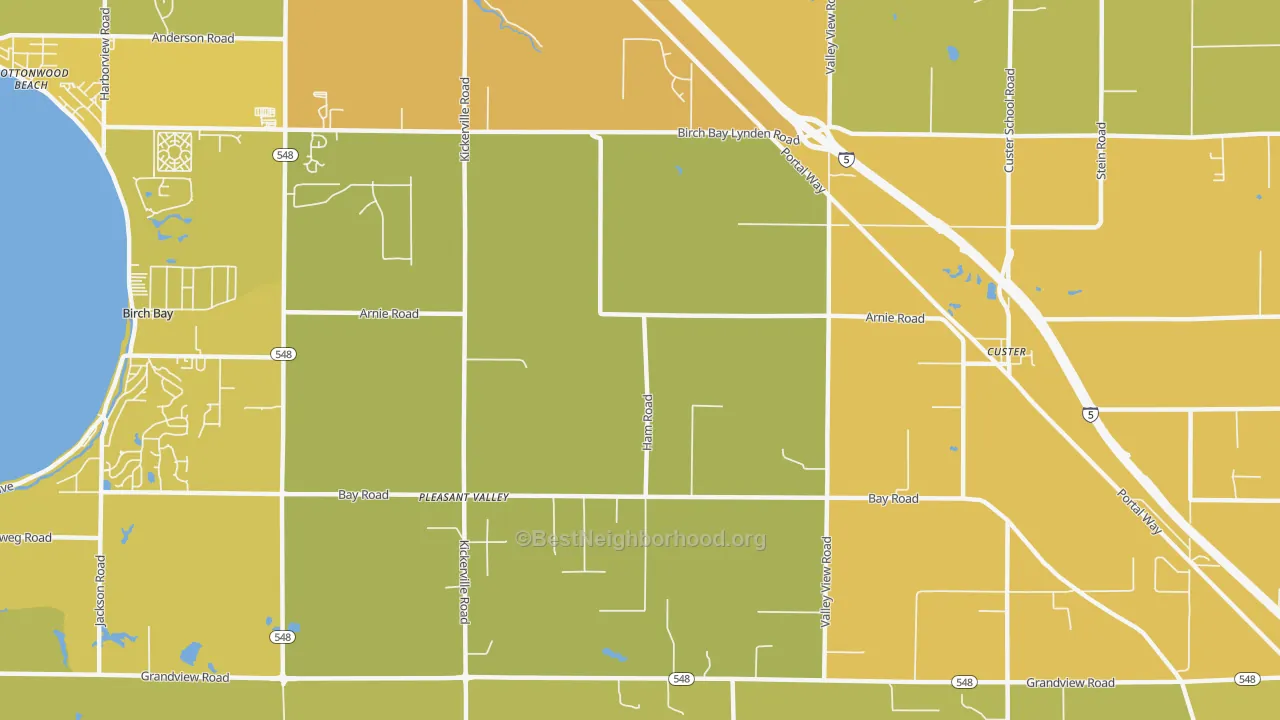 Map of the best neighborhoods in the Pleasant Valley area, with better matches in green and worse matches in red