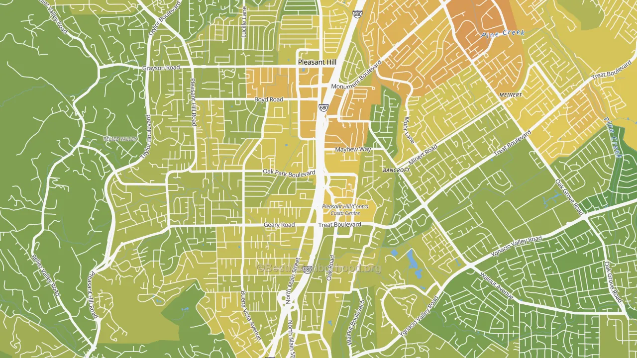 Map of the best neighborhoods in the Pleasant Valley, Walnut Creek area, with better matches in green and worse matches in red