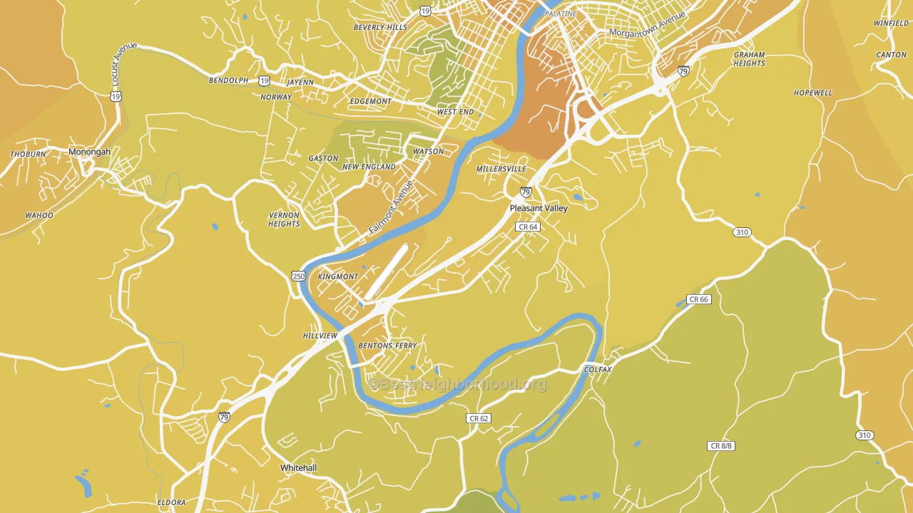 Map of the best neighborhoods in the Pleasant Valley area, with better matches in green and worse matches in red